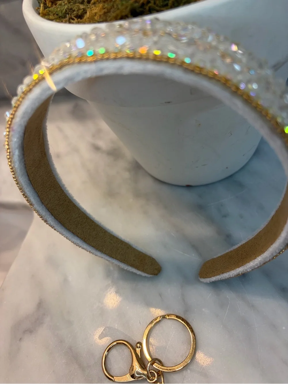 Princess Bundle Gold-Trim White Headband and Gold Crystal Heart Keychain